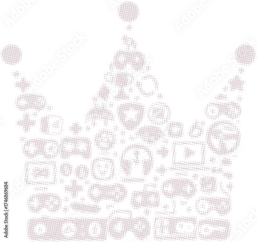 Gaming is king concept with a crown made of gamer icons like controllers and keyboards. Halftone vector art for esports, streaming, and gamer apparel.