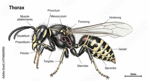 Detailed Anatomical Illustration of a Wasps Thorax and Abdomen.