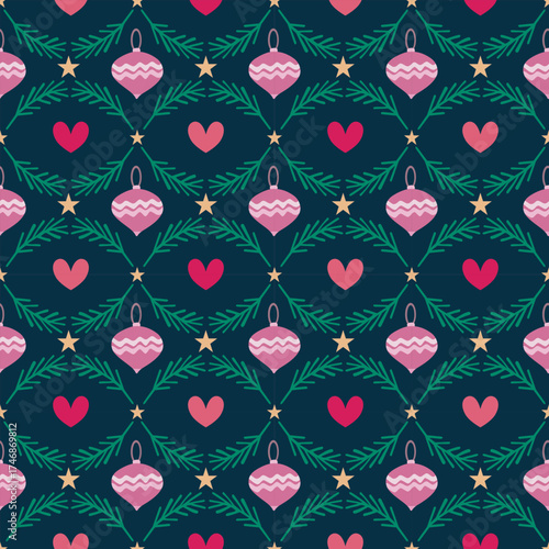 Seamless Christmas Holiday Pattern with Pink Ornaments Hearts Stars and Fir Tree Branches on a Dark Background