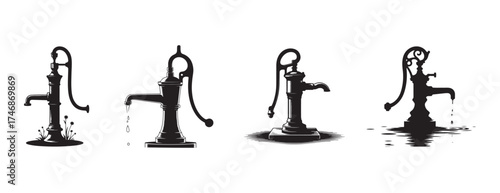 Vintage Hand Water Pump Silhouette Vector Collection with Dripping Effects.