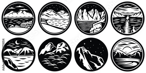 Vector collection of monochrome Antartica landscape in circle featuring ice mountain, stars night, and other