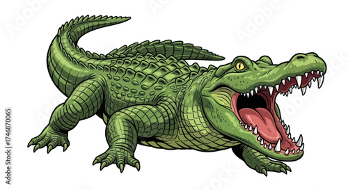 Cartoon Alligator with Open Mouth and Sharp Teeth Green Scales.