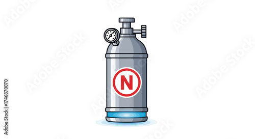 Metallic Cylinder with Pressure Gauge and N Symbol.