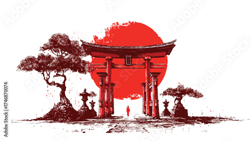 Japanese Shrine Priestess in Traditional Kimono by Torii Gate