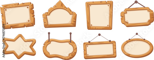 Set of cartoon wooden frames and blank signboards with rustic texture, vector illustration for game design, decoration, or interface