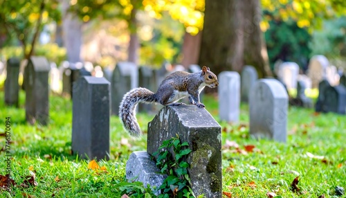 A curious squirrel balances on a tombstone in a sunlit, historic cemetery, surrounded by grass and aged, gray markers. Autumn foliage creates a golden backdrop