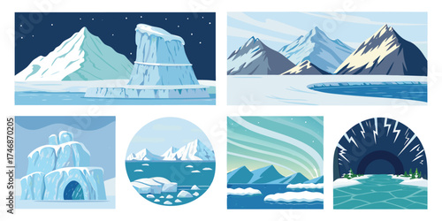 Vector art set of winter landscape with icebergs and mountains