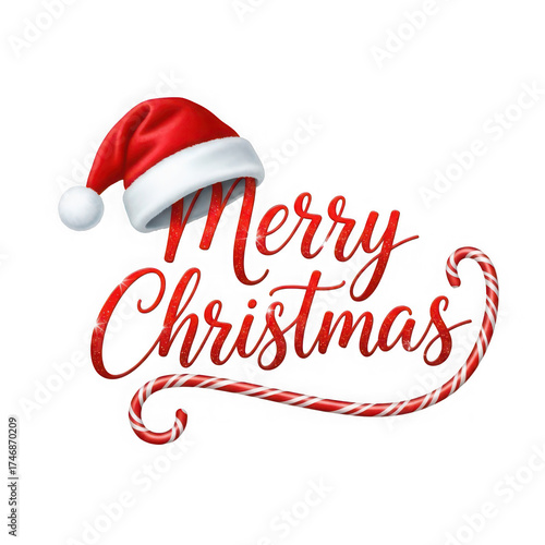 Festive merry christmas text with santa hat and candy canes for holiday greetings
