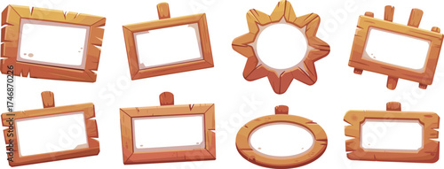 Set of cartoon wooden frames and blank signboards with rustic texture, vector illustration for game design, decoration, or interface