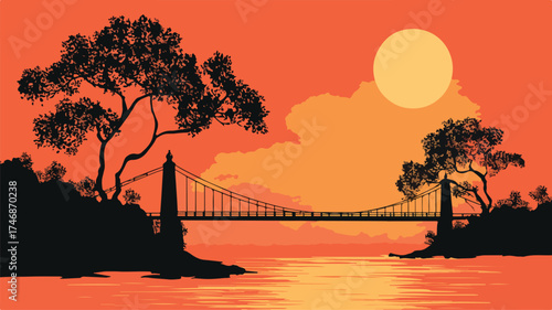 Scenic Landscape Bridge Sunset Vector with Outline Isolated Design