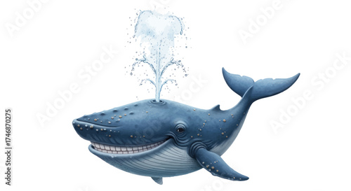 Happy Blue Whale Spouting Water Cartoon Illustration.