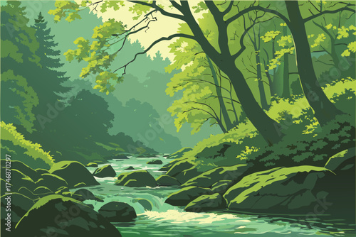 oil painting, beautiful lush forest, flowing stream, crystal clear water, rocky landscape, vibrant green foliage, dappled sunlight, serene and peaceful atmosphere, detailed and realistic, masterfull