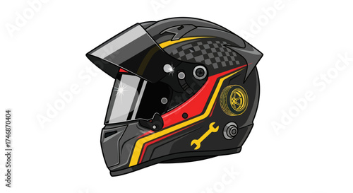 Black full-face motorcycle helmet with vibrant red yellow and checkered racing graphics.