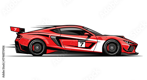 Dynamic Red Race Car Illustration with Speed Lines and Number 7.