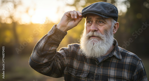 Elderly bearded man tipping his hat outdoors during sunset  