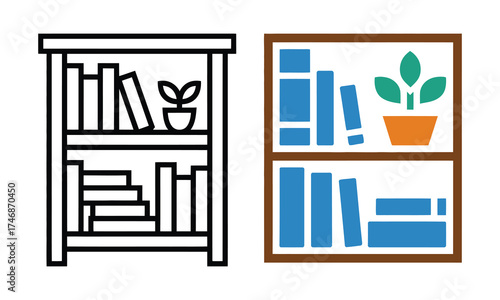 Two stylized bookshelves one black outline one colored with books and plant bookshelf