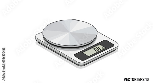 Vector illustration of a digital kitchen scale with a round stainless steel platform.