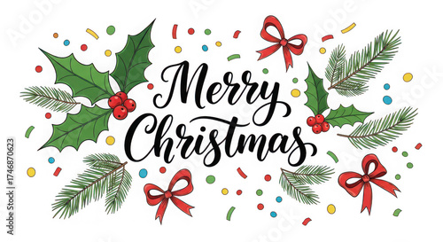 Festive christmas holly and red bows border with snowflakes and lights