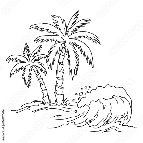 Tropical Palm Trees and Ocean Wave — Line Art / Coloring Page Vector