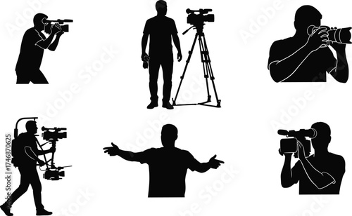 Videographer silhouettes, camera operator, filmmaking crew, video production, cinematography concept, professional filming, movie making, digital media, creative industry, film equipment