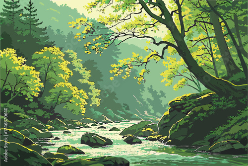 oil painting, beautiful lush forest, flowing stream, crystal clear water, rocky landscape, vibrant green foliage, dappled sunlight, serene and peaceful atmosphere, detailed and realistic, masterfull