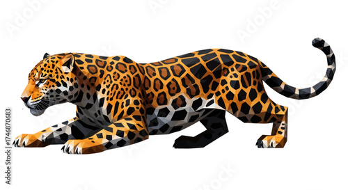 Crouching Jaguar with Distinctive Spotted Coat Ready to Pounce.