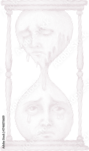 Surreal halftone vector of an hourglass with melting faces. Abstract art about time, mortality, and identity, perfect for philosophical t-shirts and posters.