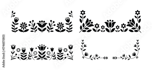 Black folk art floral borders and corner elements on white vector