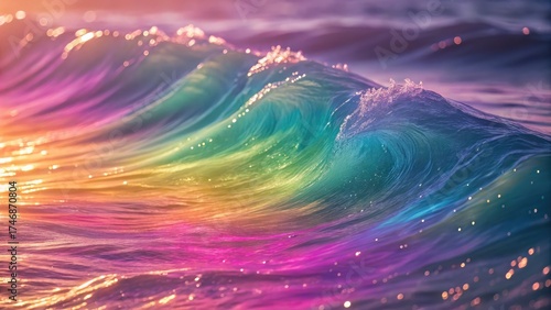Vibrant ocean wave glows with rainbow colors at sunset, creating magical and serene atmosphere