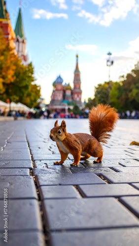 A curious squirrel stands on a paved pathway, gazing towards a colorful cathedral and blurred background. Autumn foliage frames the scene