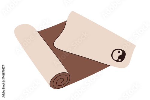 Rolled yoga mat with Yin Yang symbol. Fitness gear for practice, meditation, and wellness design.