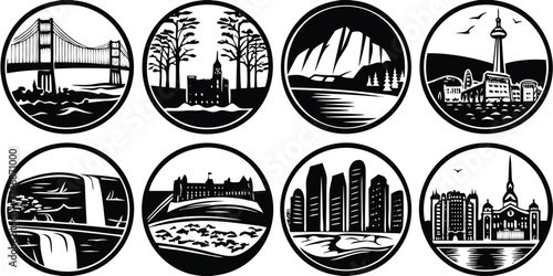 Vector art of collection of city icons in black and white