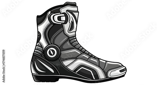 Detailed Illustration of a Black and White Motorcycle Racing Boot.