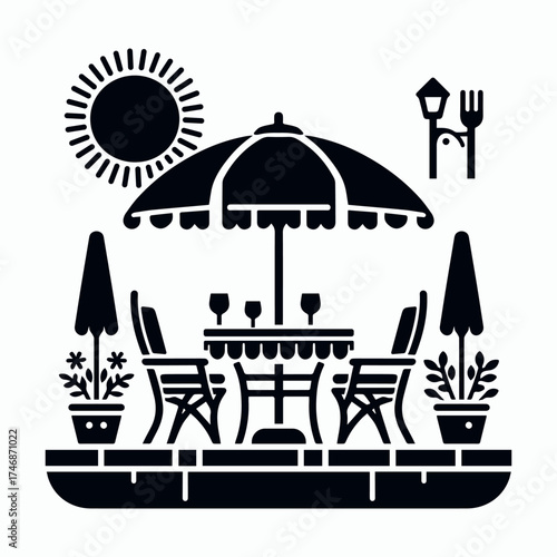 Black and White Outdoor Cafe Patio Seating Icon with Umbrella and Sun