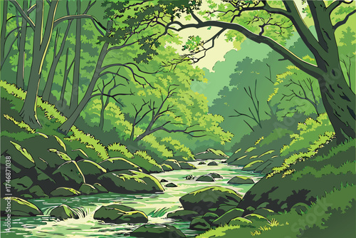 oil painting, beautiful lush forest, flowing stream, crystal clear water, rocky landscape, vibrant green foliage, dappled sunlight, serene and peaceful atmosphere, detailed and realistic, masterfull