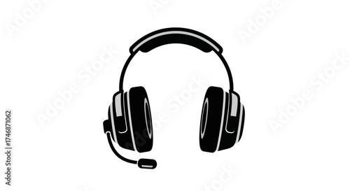 A bold black and white graphic illustration of a modern gaming headset with a boom microphone.