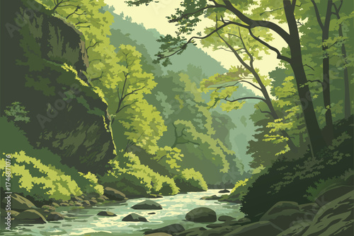 oil painting, beautiful lush forest, flowing stream, crystal clear water, rocky landscape, vibrant green foliage, dappled sunlight, serene and peaceful atmosphere, detailed and realistic, masterfull