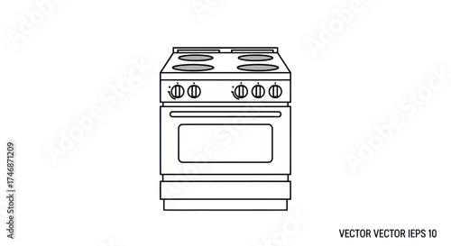 Simple black and white line art illustration of a freestanding electric kitchen stove with an oven.