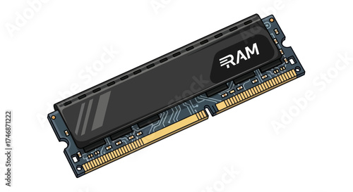 Black RAM Memory Module with Heat Spreader for Computer System Upgrade.