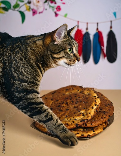 A curious tabby cat peers intently towards a stack of flatbread. Colorful feathers and flowers decorate the background