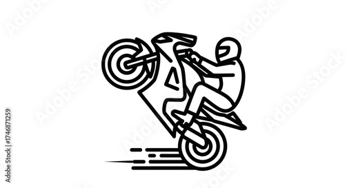Motorcyclist Performing a Wheelie Stunt Line Art Illustration.