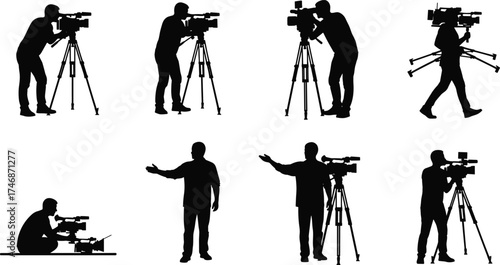 Videographer, cameraman, filmmaking, video production, camera operator, silhouettes, tripod, director, filming, media, broadcast, recording, studio, crew, cinematography,