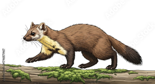 Detailed realistic illustration of a European pine marten walking along a moss-covered branch.