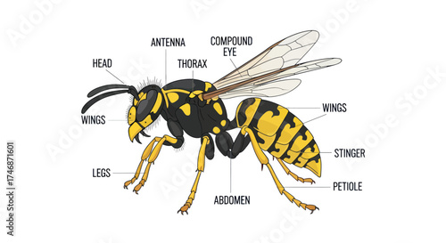 Detailed anatomical diagram of a yellow jacket wasp with labeled body parts.