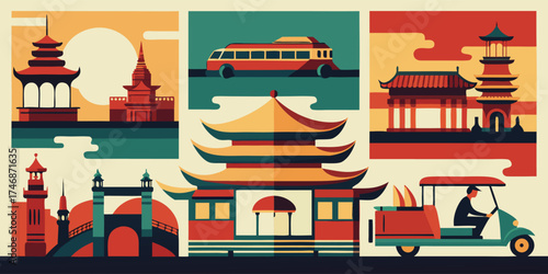 Vector art of Asian landmarks and transportation in retro style