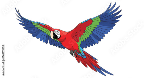 Vibrant Scarlet Macaw Parrot in Mid-Flight with Wings Spread Wide.