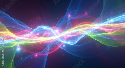 An abstract image showcasing vibrant, colorful light waves flowing across a dark background, creating a dynamic and energetic visual effect