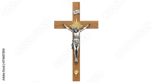 Canvas Print Isolated Crucifix with Jesus Christ figurine attached and a silver sign at the t