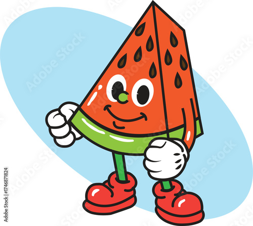 Whimsical watermelon slice cartoon character illustration with cheerful expression