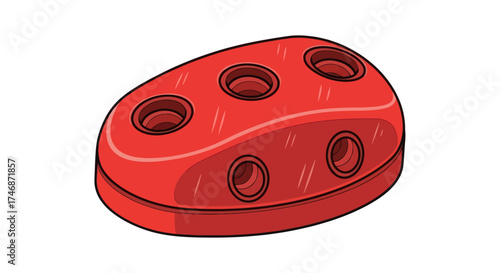 Red Plastic Toy Building Block with Multiple Circular Openings.